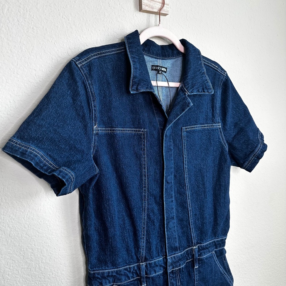 Fashion Nova Denim Jumpsuit Dark Wash Utility Boilersuit Wide Leg XL Workwear - Picture 3 of 11